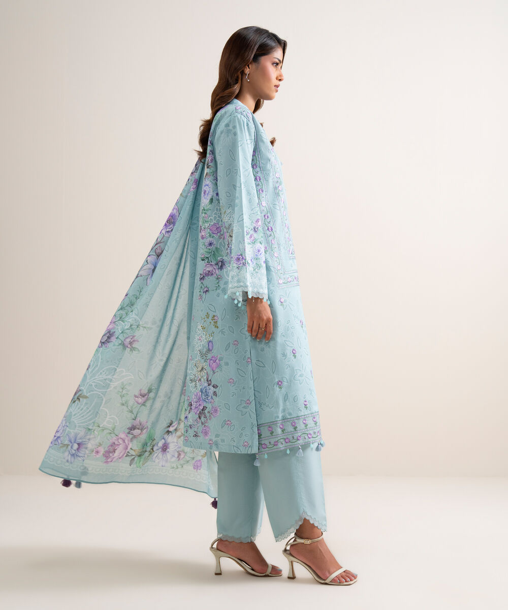 Women's Unstitched Lawn Embroidered Blue 3 Piece Suit