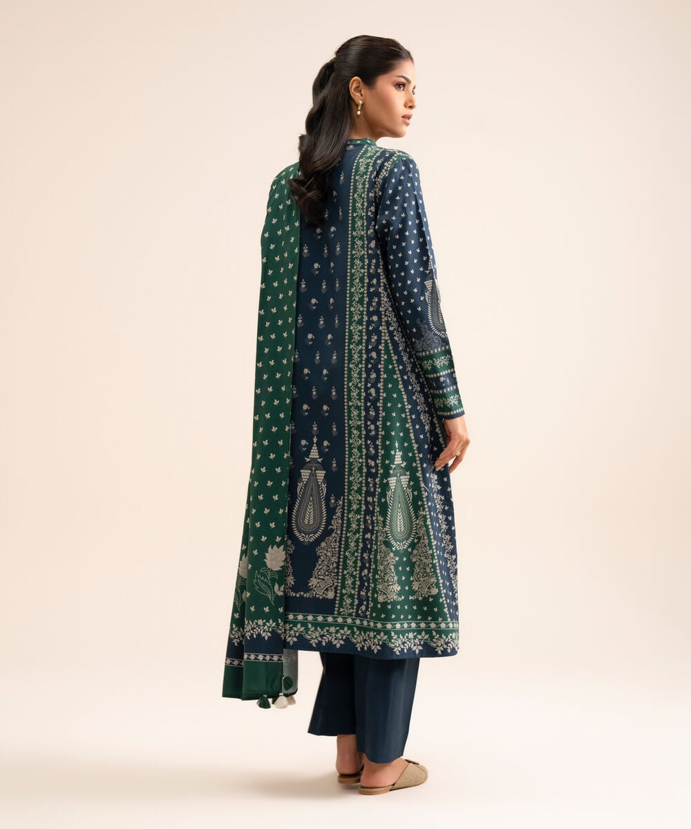 Women's Unstitched Viscose Linen Printed Dark Blue 3 Piece Suit
