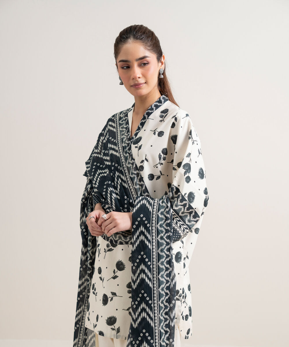 Women's Unstitched Lawn Printed Black and Off White 2 Piece Suit