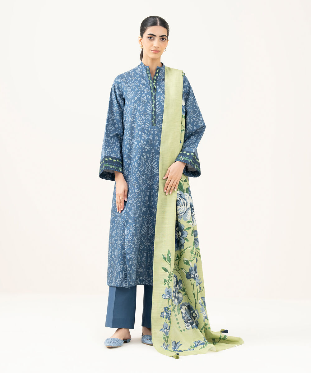 Women's Unstitched Printed Dobby Blue 3 Piece Suit