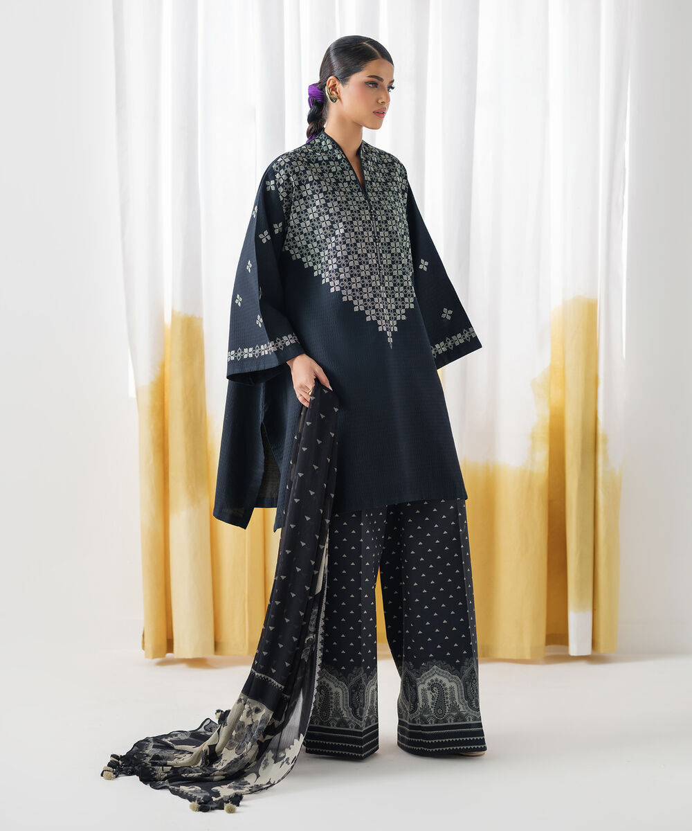 Women's Unstitched Dobby Embroidered Black 3 Piece Suit