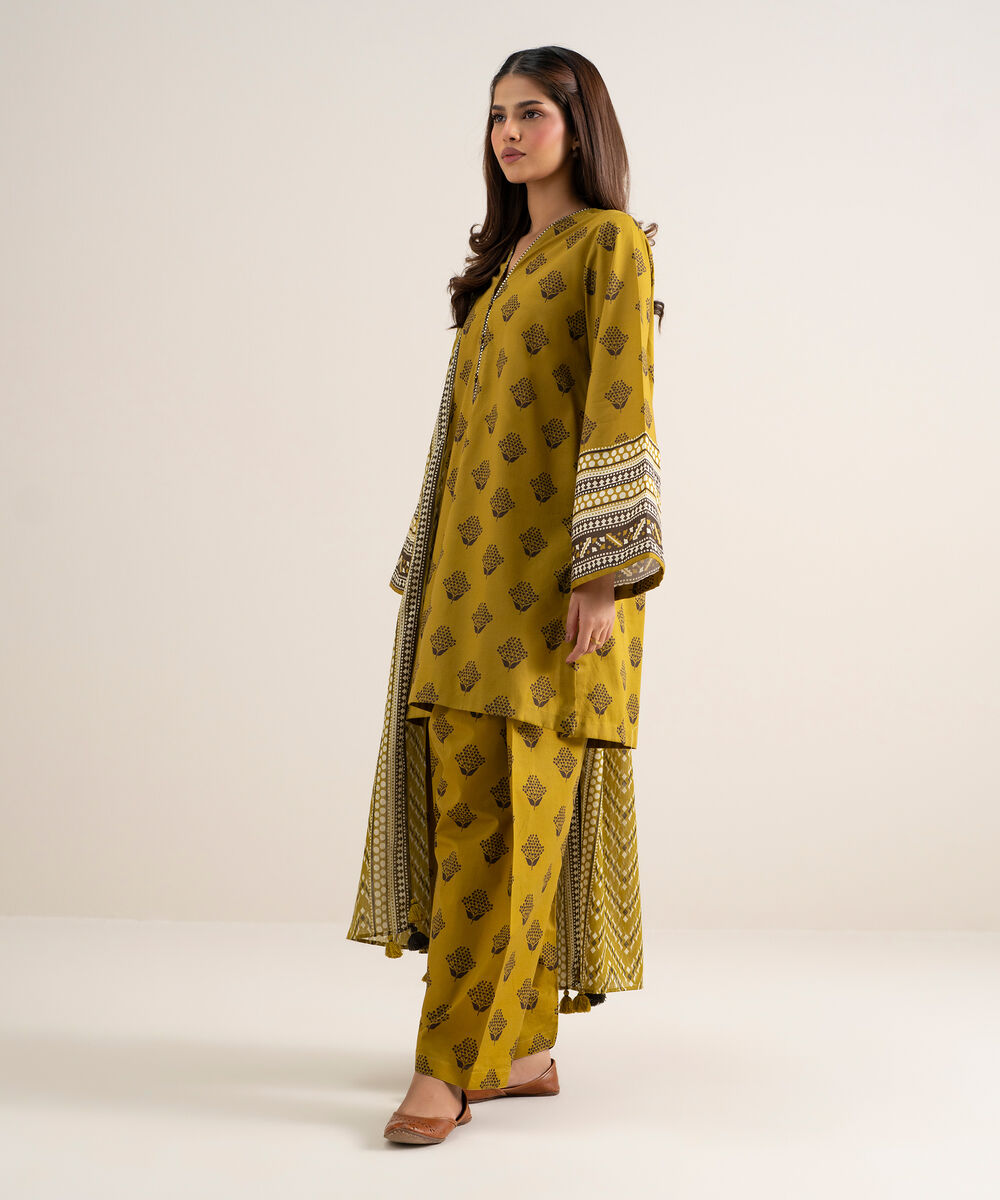 Women's Unstitched Lawn Printed Mustard 3 Piece Suit