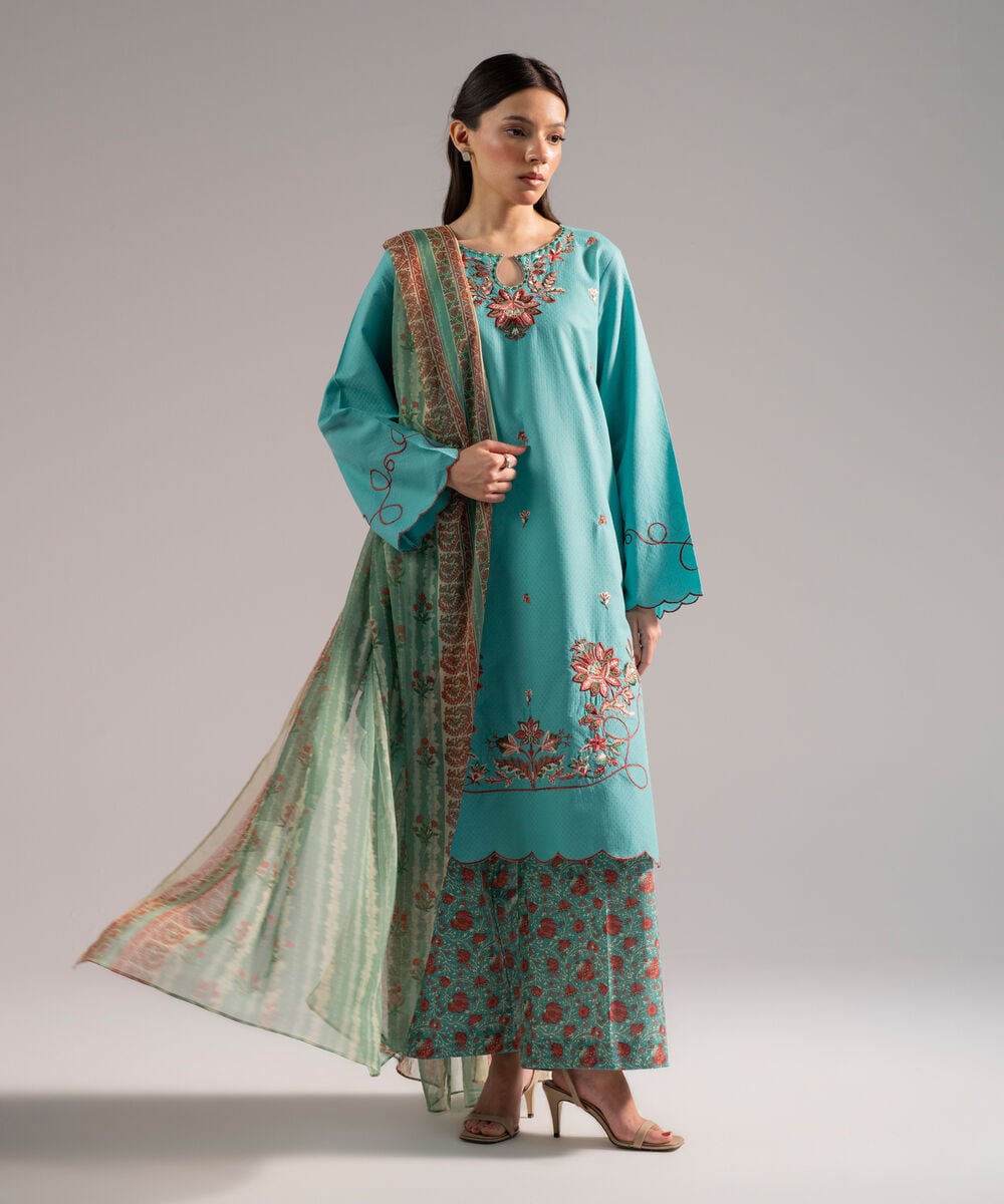 Women's RTW Dobby Embroidered Blue 3 Piece Suit