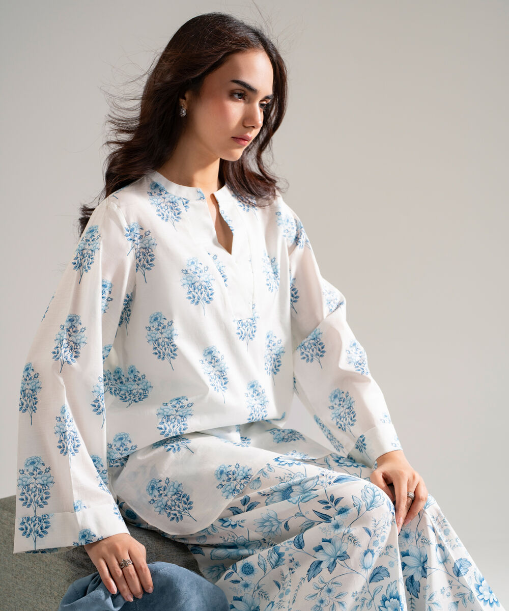 Women's RTW Slub Lawn Printed White Straight Shirt