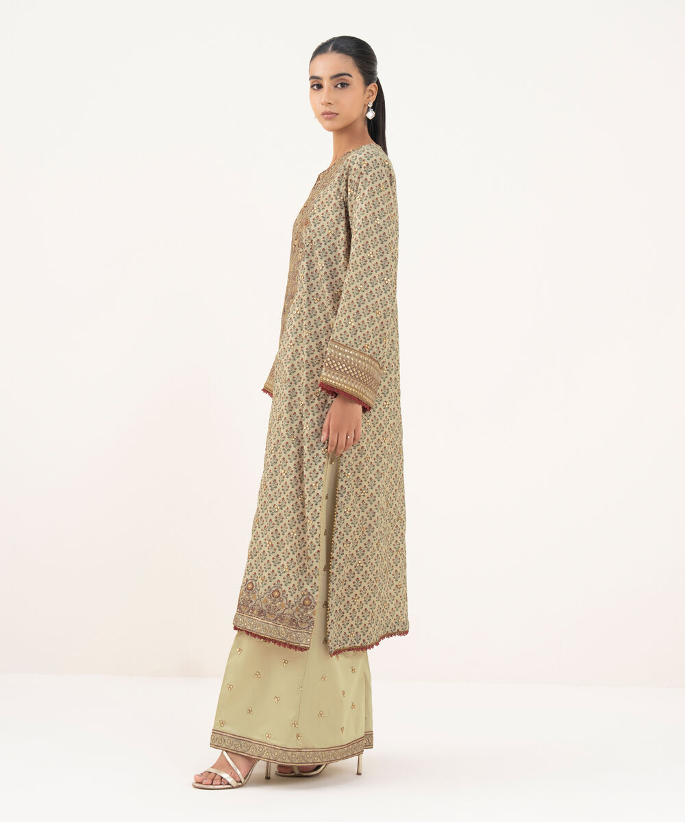 Women's RTW Textured Lawn Beige Embroidered A-Line Shirt