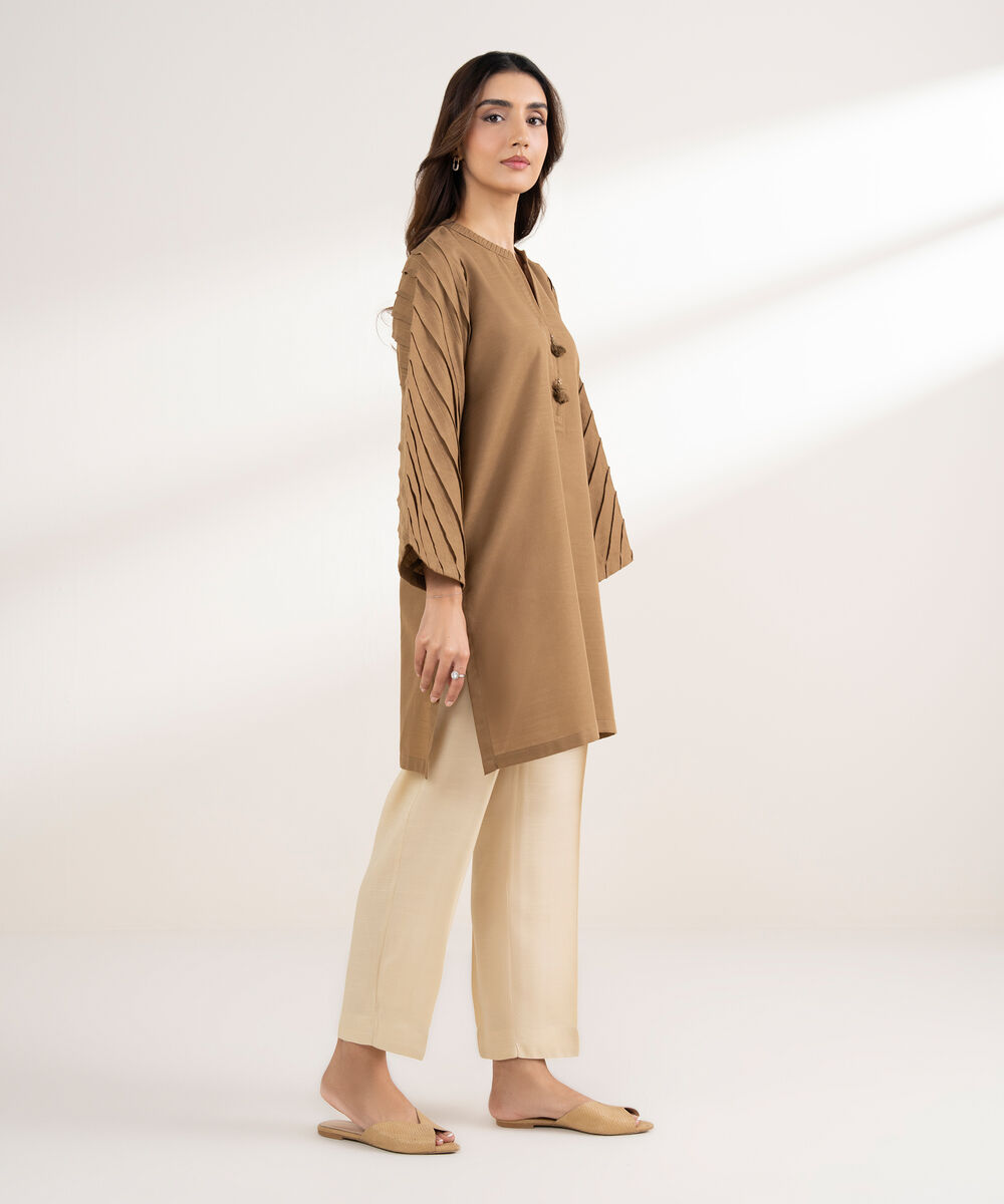 Women's RTW Khaddar Solid Straight Beige Shirt