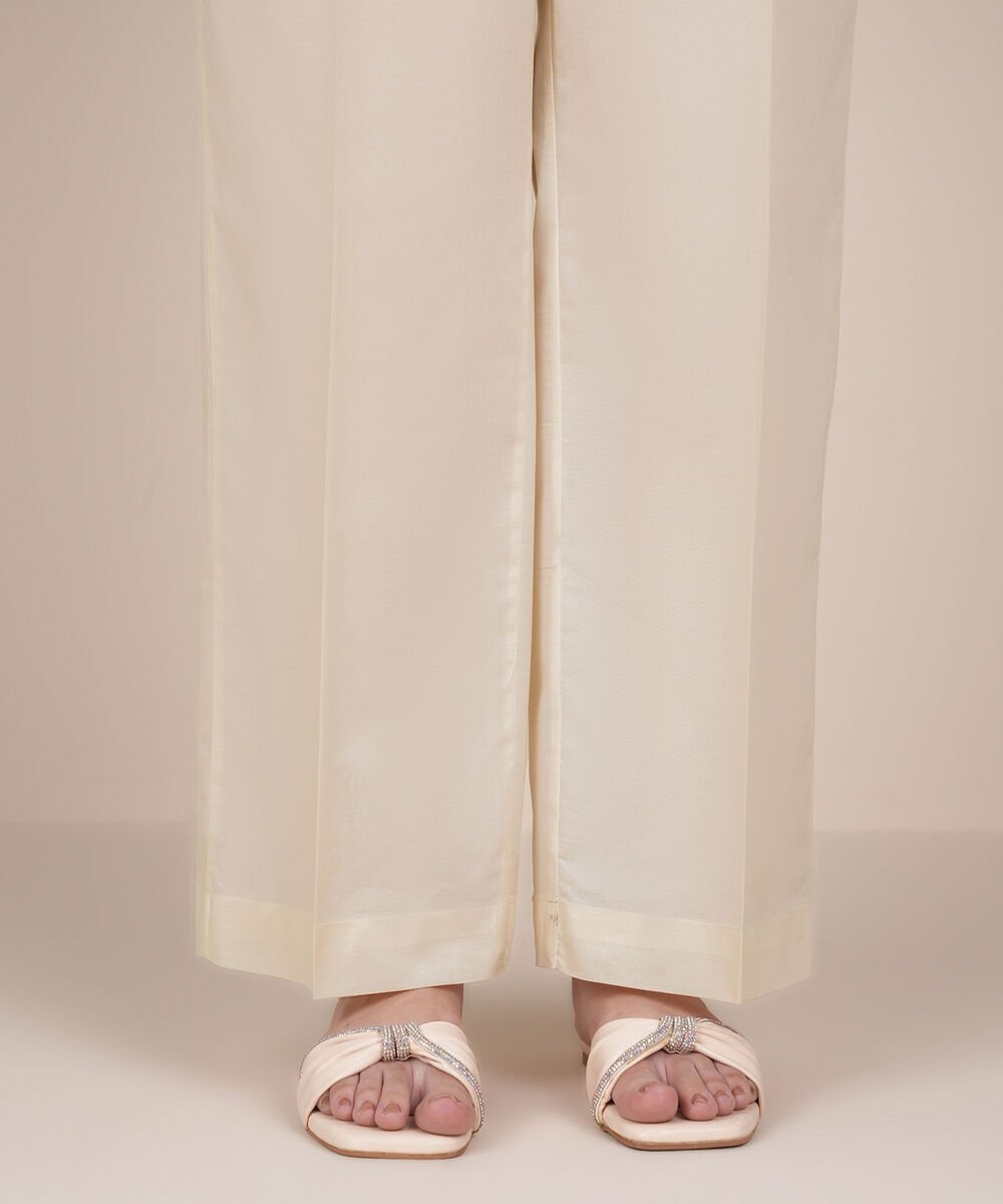 Women's RTW Cambric Beige Solid Straight Pants