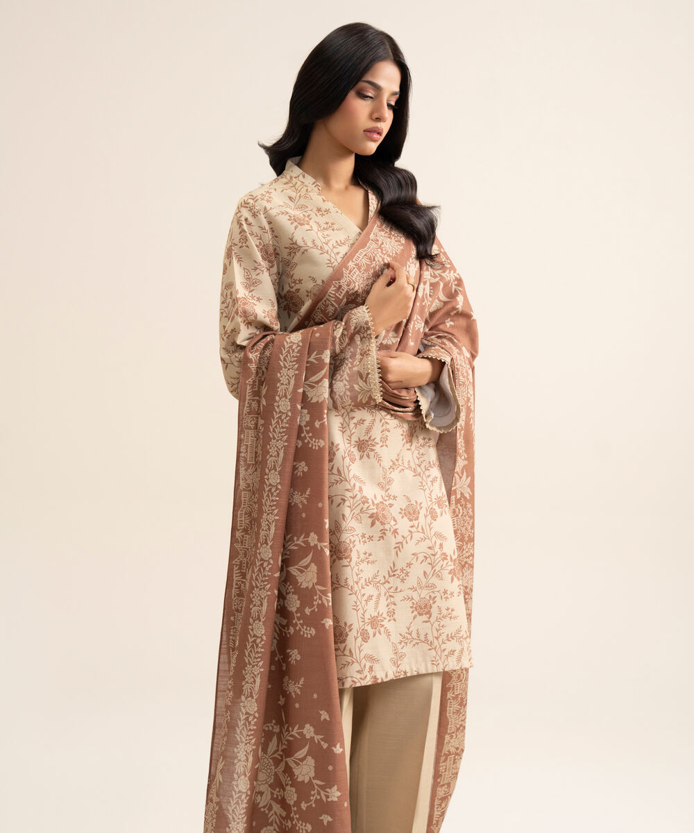 Women's Unstitched Light Khaddar Printed Light Beige 3 Piece Suit