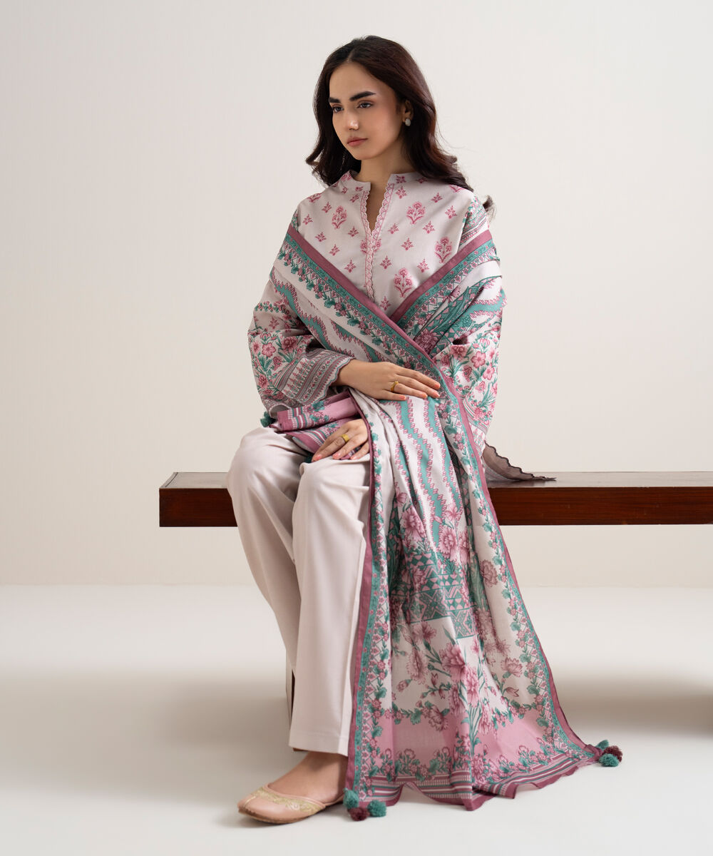 Women's Unstitched Lawn Printed Pink 3 Piece Suit