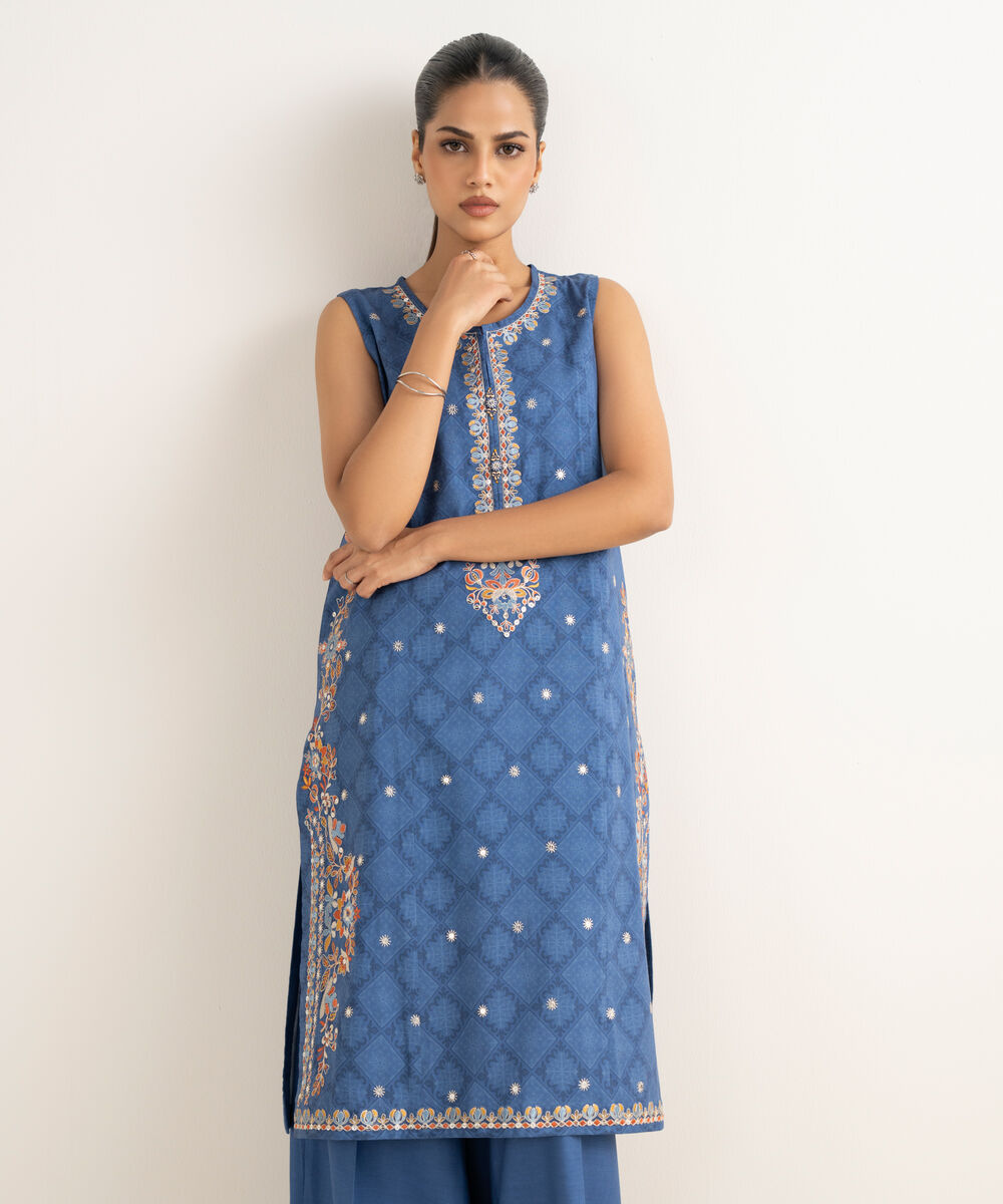 Women's Unstitched Linen Embroidered Blue 2 Piece Suit