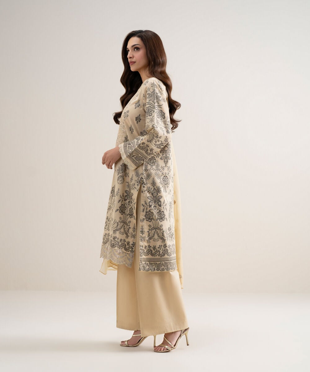 Women's Unstitched Extra Weft Jacquard Embroidered Beige 3 Piece Suit