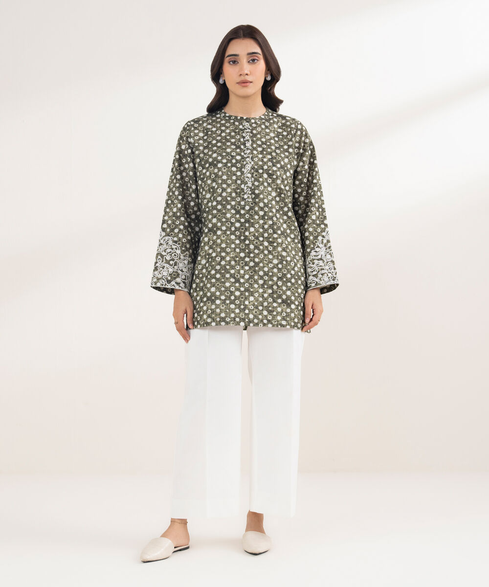 Women's RTW Khaddar Embroidered Green Shirt