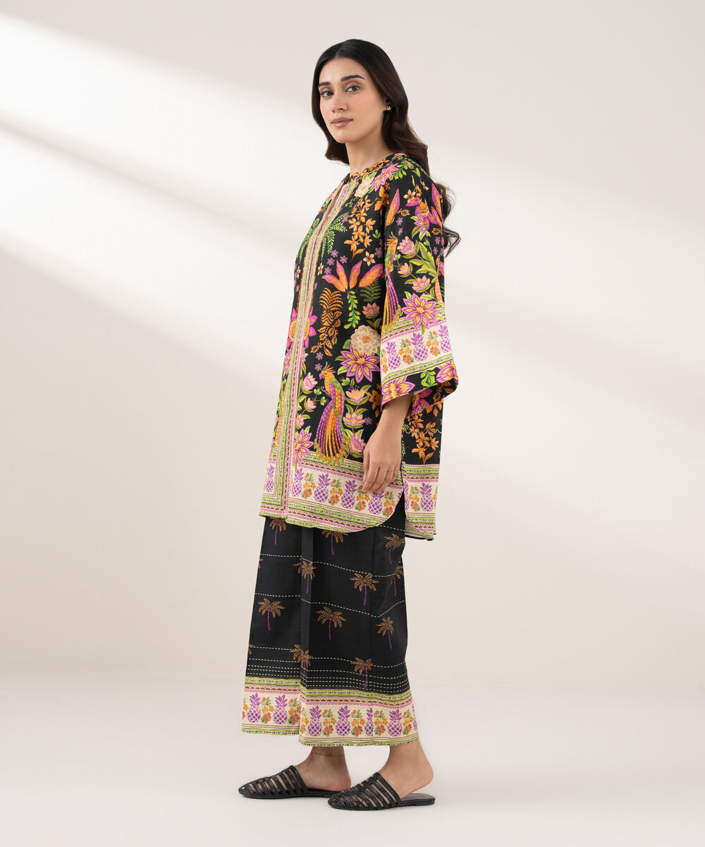 Women's RTW Khaddar Printed Straight Black Shirt