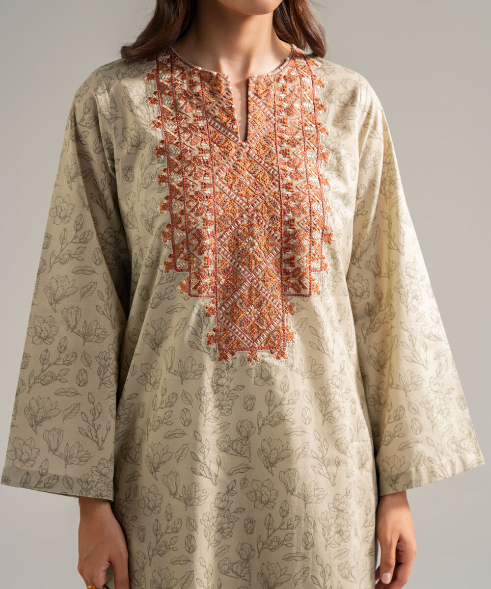 Women's RTW Cambric Embroidered Dark Beige 2 Piece Suit