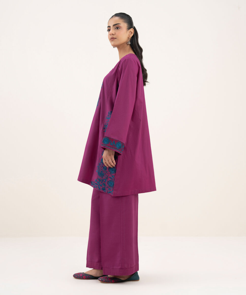 Women's RTW Zari Cotton Embroidered A-Line Pink Shirt