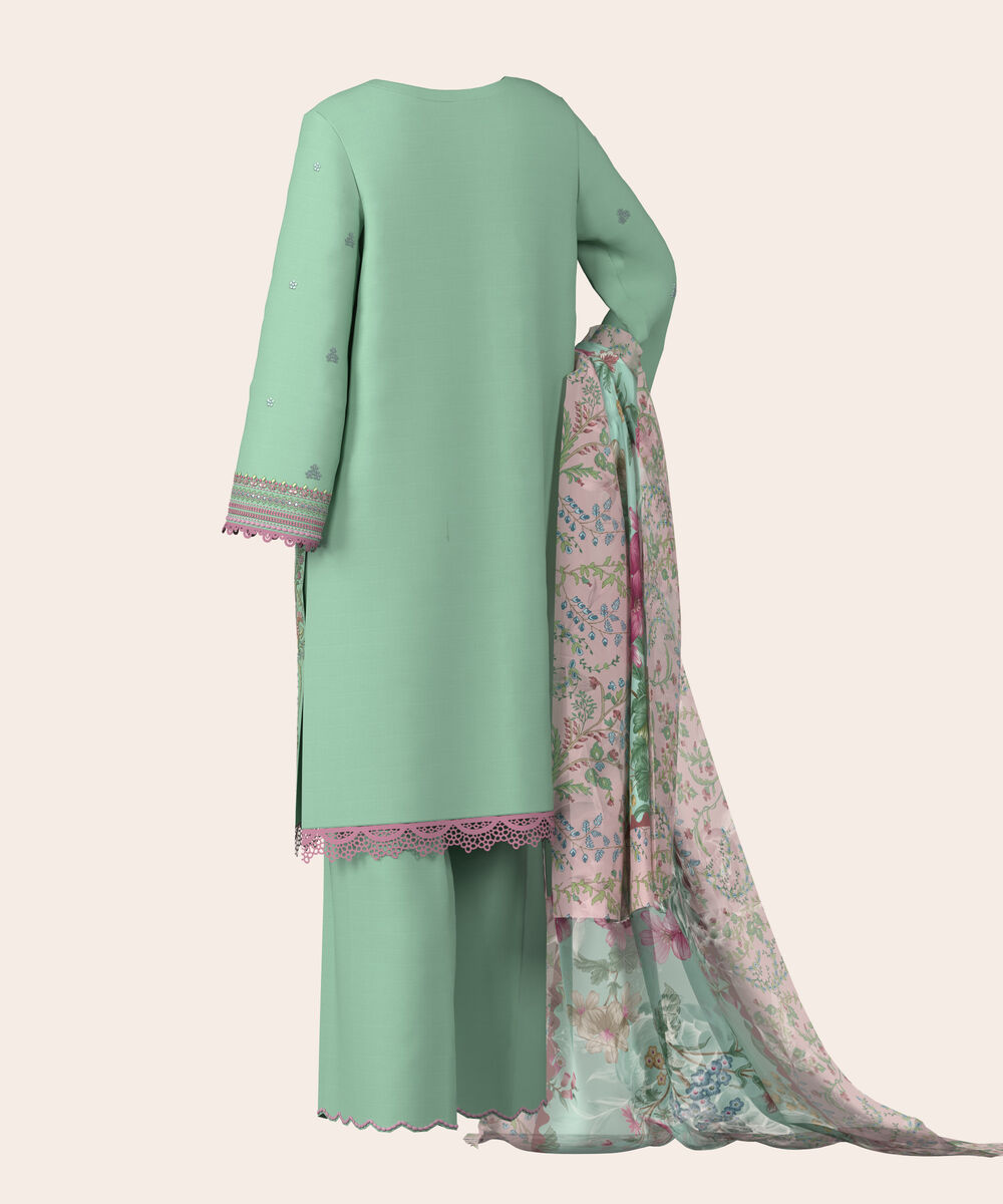 Women's Unstitched Self Jacquard Sea Green  Embroidered 3 Piece Suit