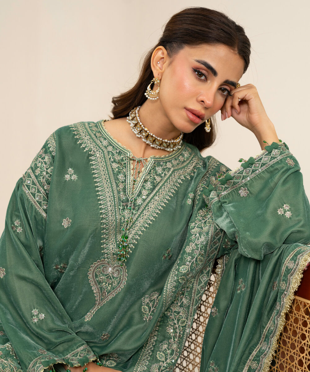 Women's Unstitched Velvet Embroidered Green 3 Piece Suit