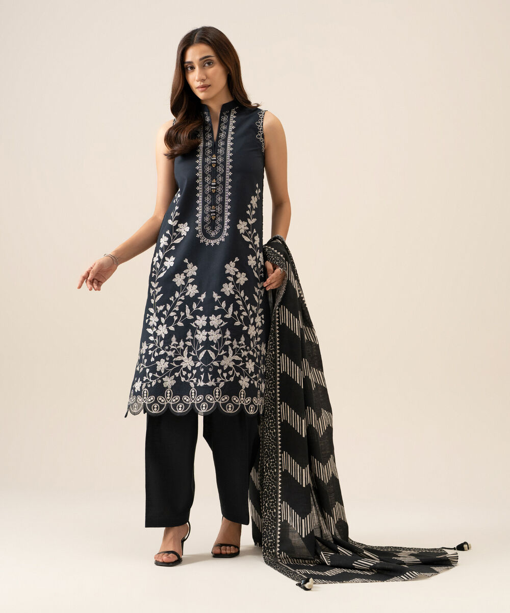 Women's Unstitched Basic Khaddar Embroidered Black 3 Piece Suit