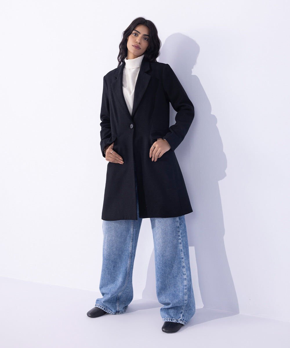 Woman - Black Single Button Coat