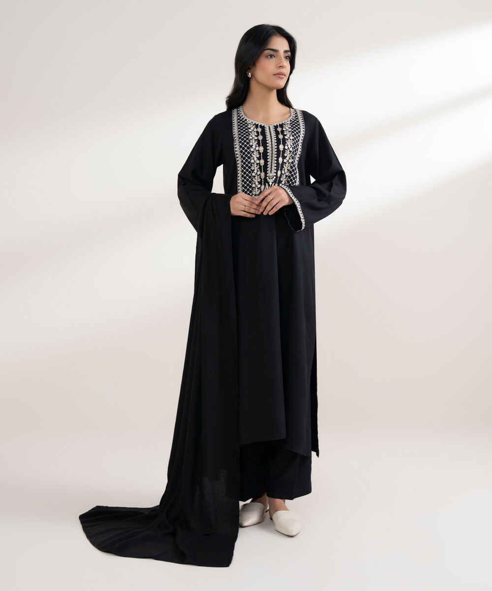 Women's RTW Arabic Khaddar Embroidered Black Straight Shirt