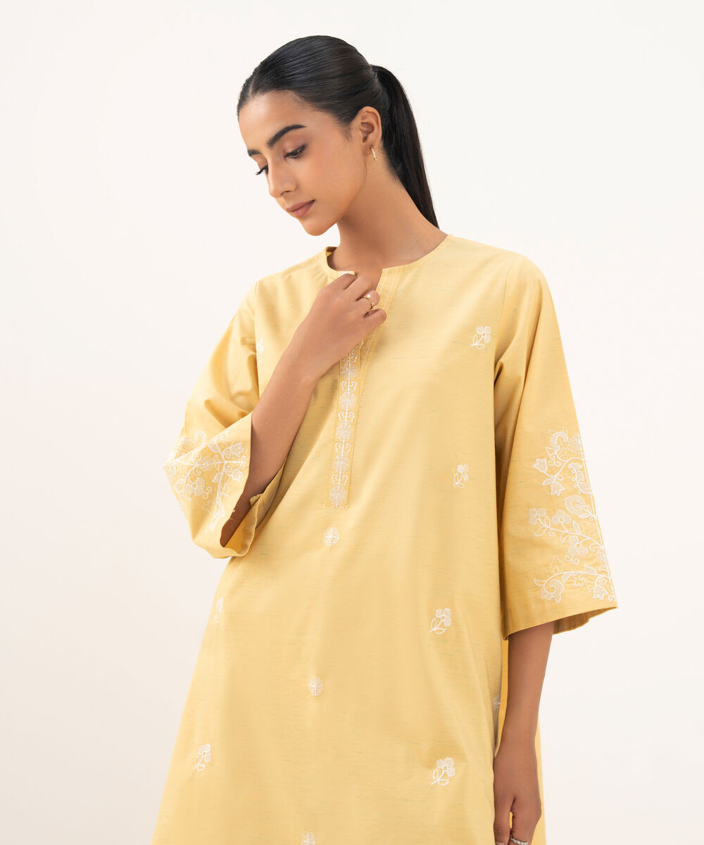 Women's RTW Textured Cotton Yellow Embroidered A-Line Shirt