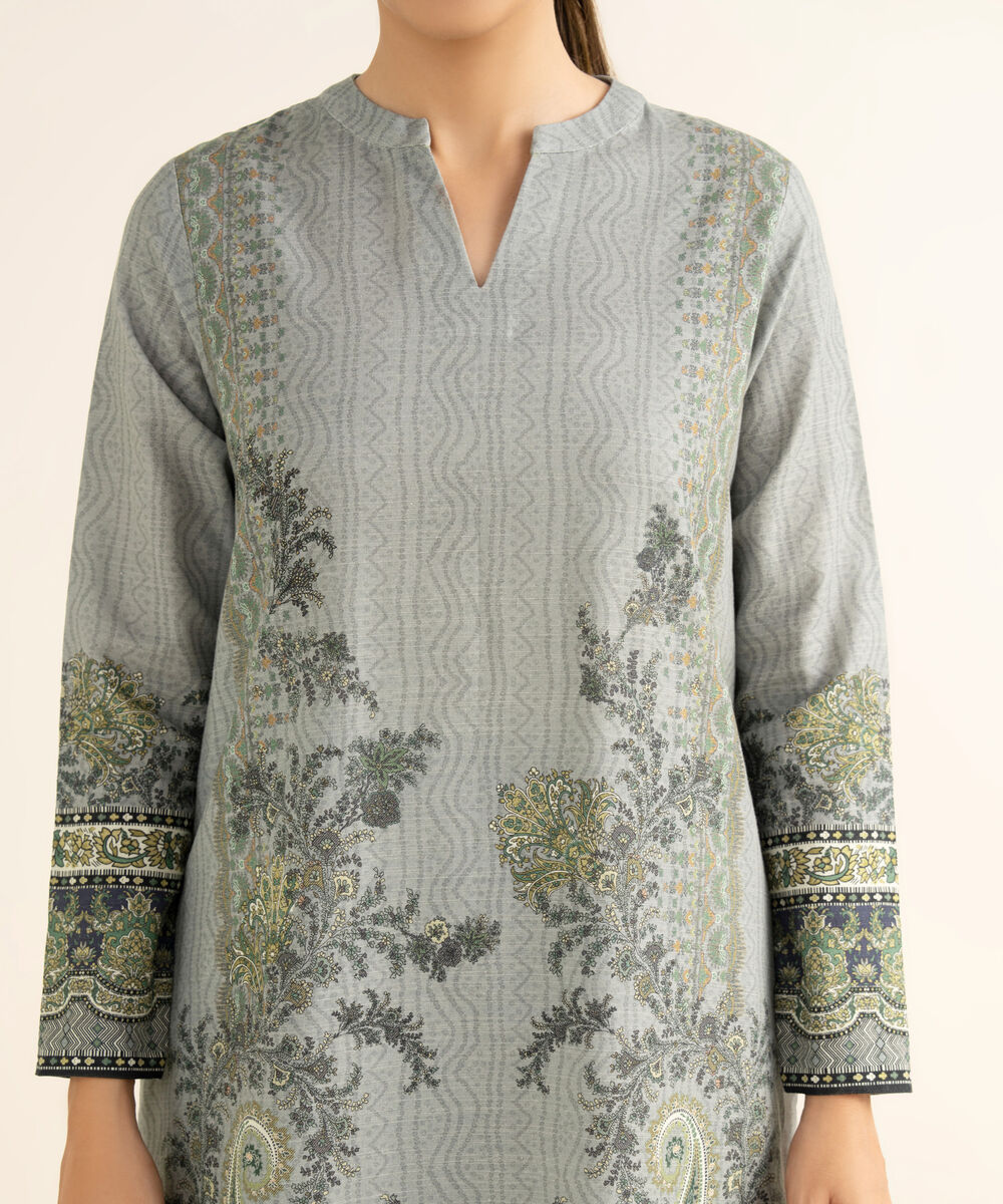 Women's Unstitched Khaddar Printed Grey 3 Piece Suit
