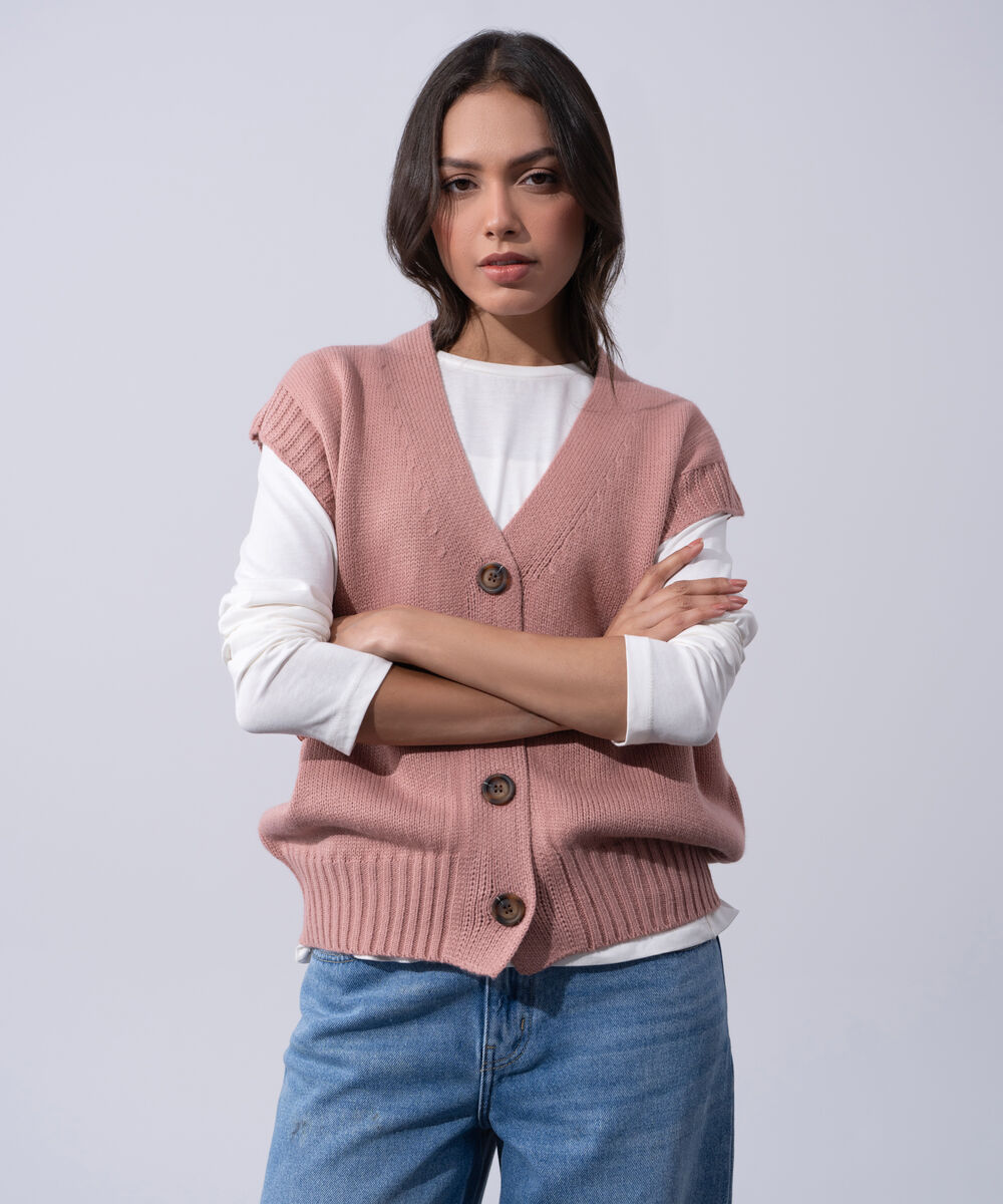 Women's Western Wear Pink Acrylic V-Neck Sweater Vest