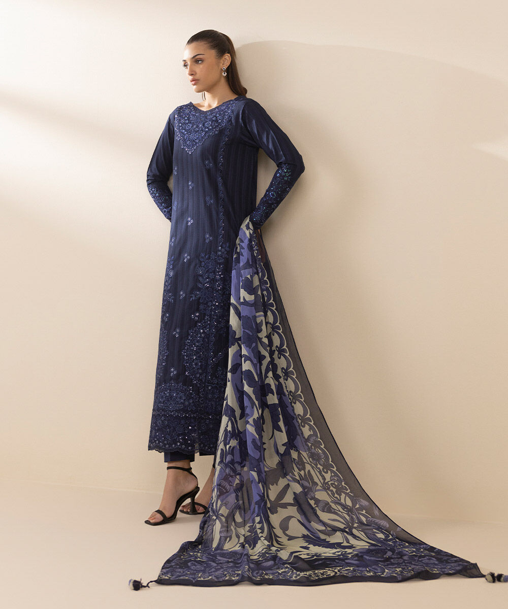 Unstitched Women's Blue Dobby Embroidered 3 Piece Suit