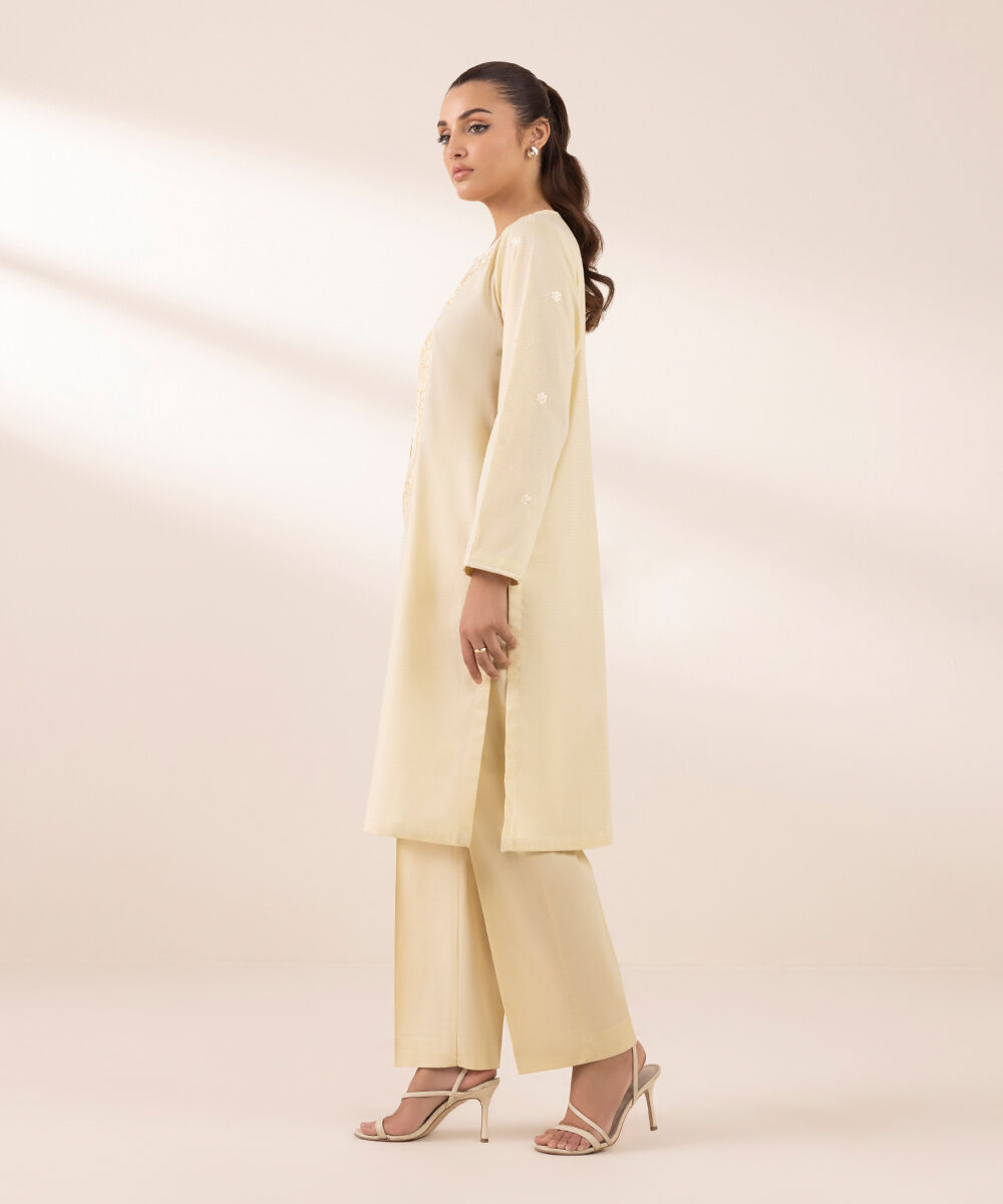 Women's RTW Dobby Beige Embroidered A-Line Shirt