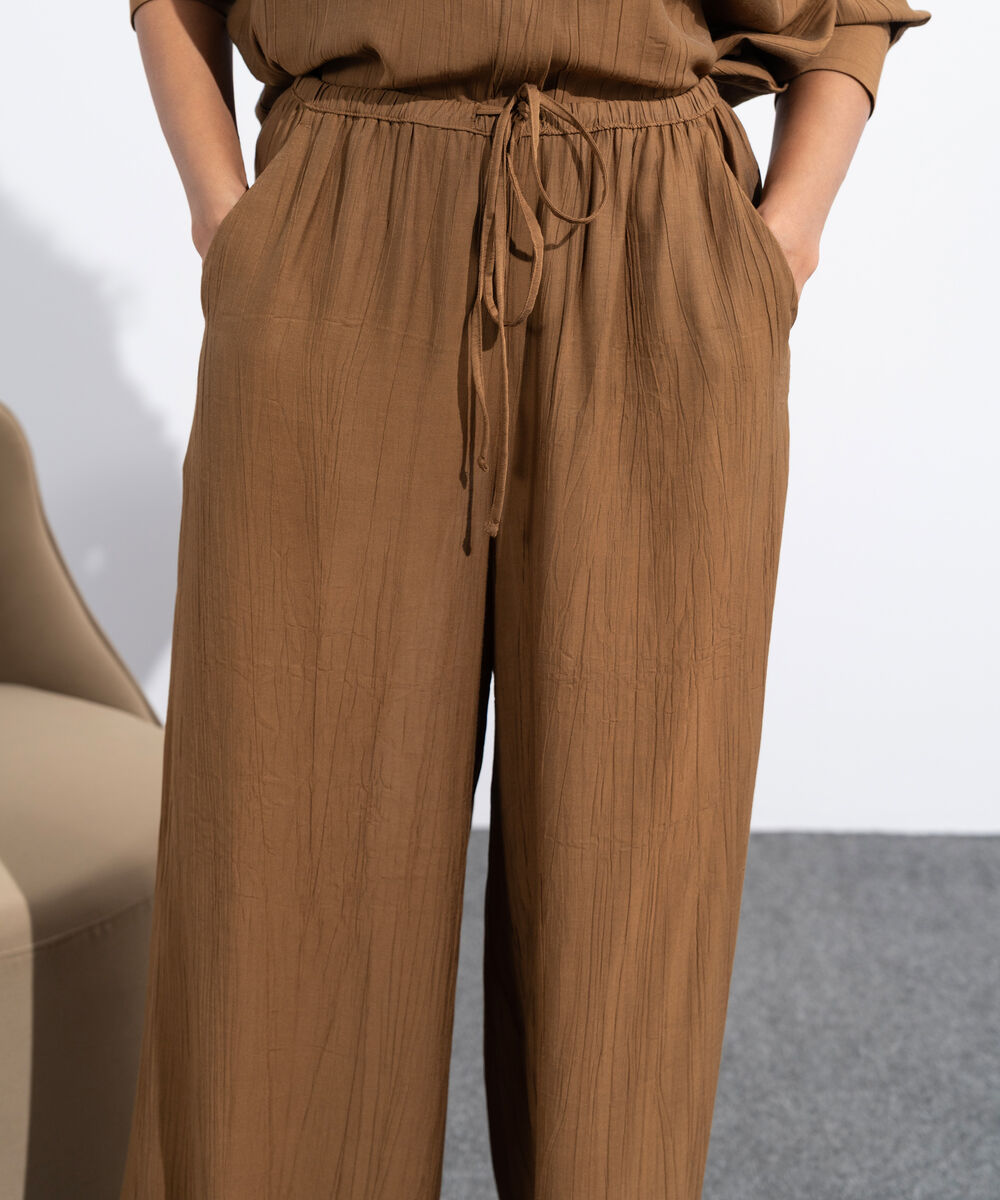 Women's Western Wear Brown Textured Wide-Leg Trousers