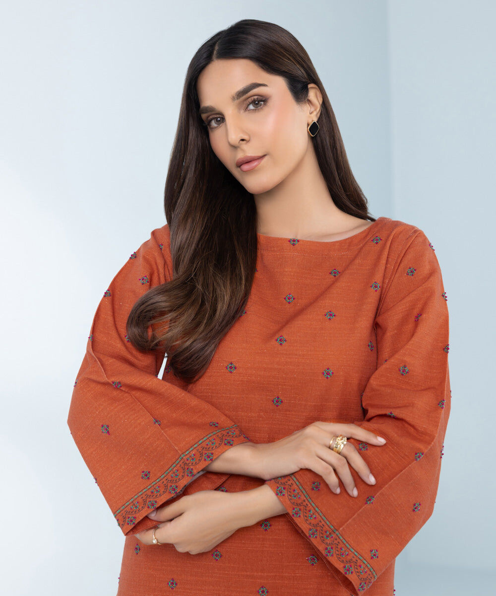 Women's Orange 2 Piece Embroidered Khaddar Suit