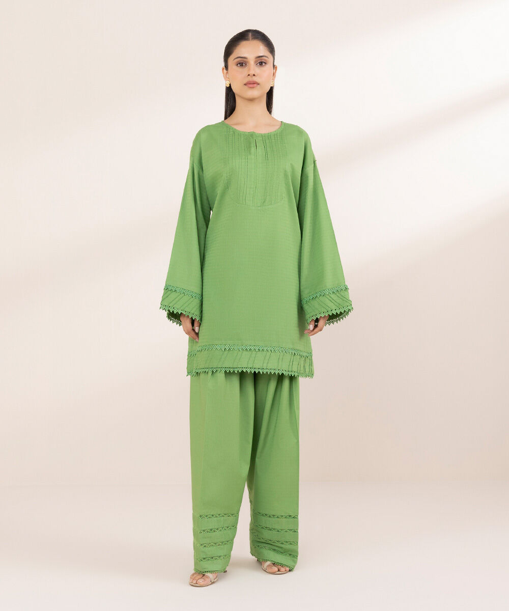 Women's RTW Dobby Green Solid Drop Shoulder Shirt