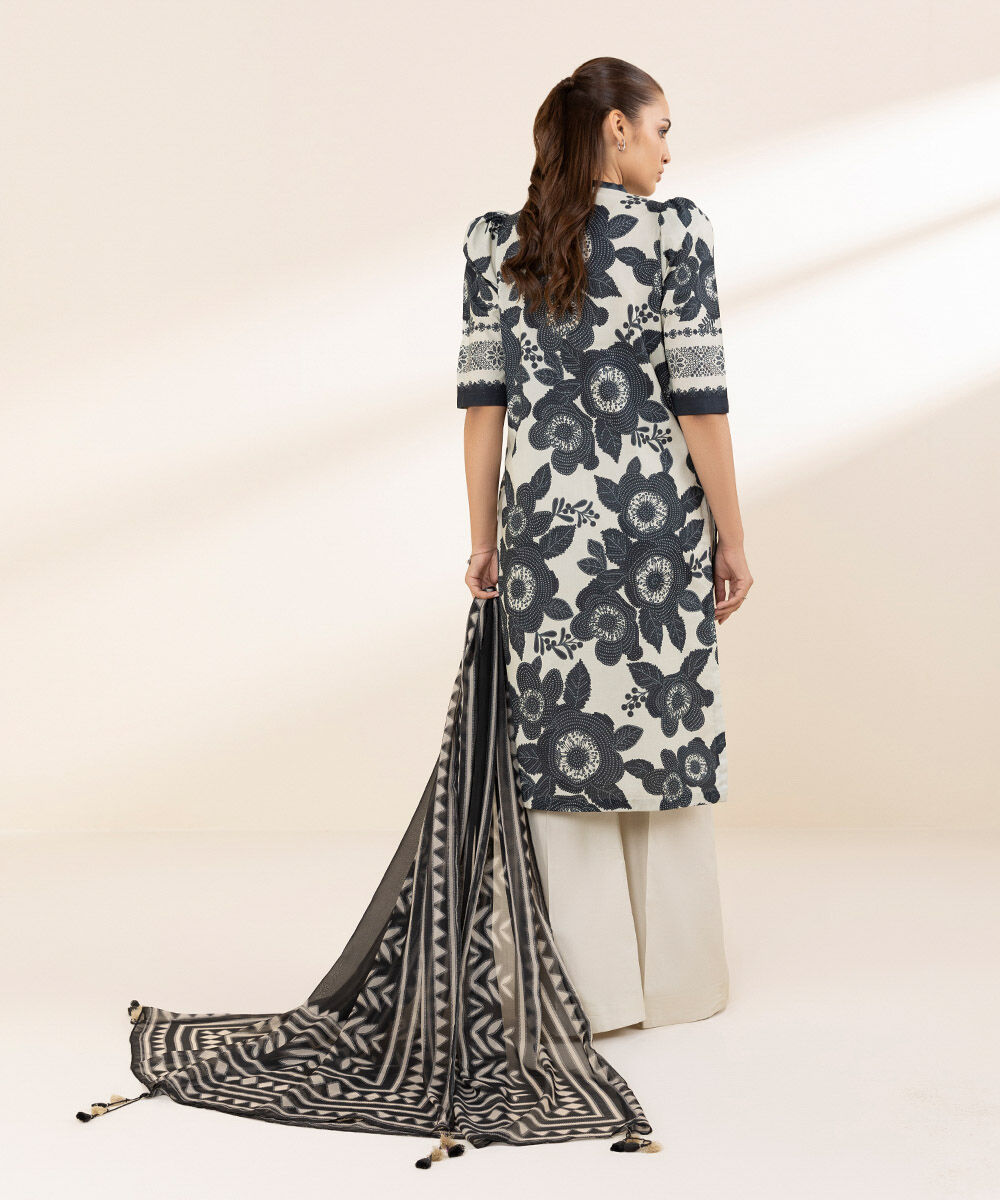 Unstitched Women's Printed Lawn Black Three Piece Suit