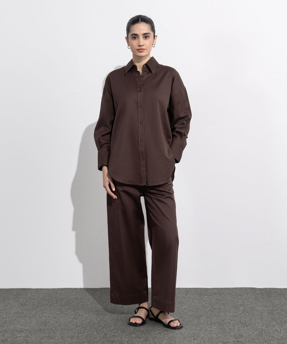 Women's Western Wear Brown Loose Fit Linen Blend Shirt