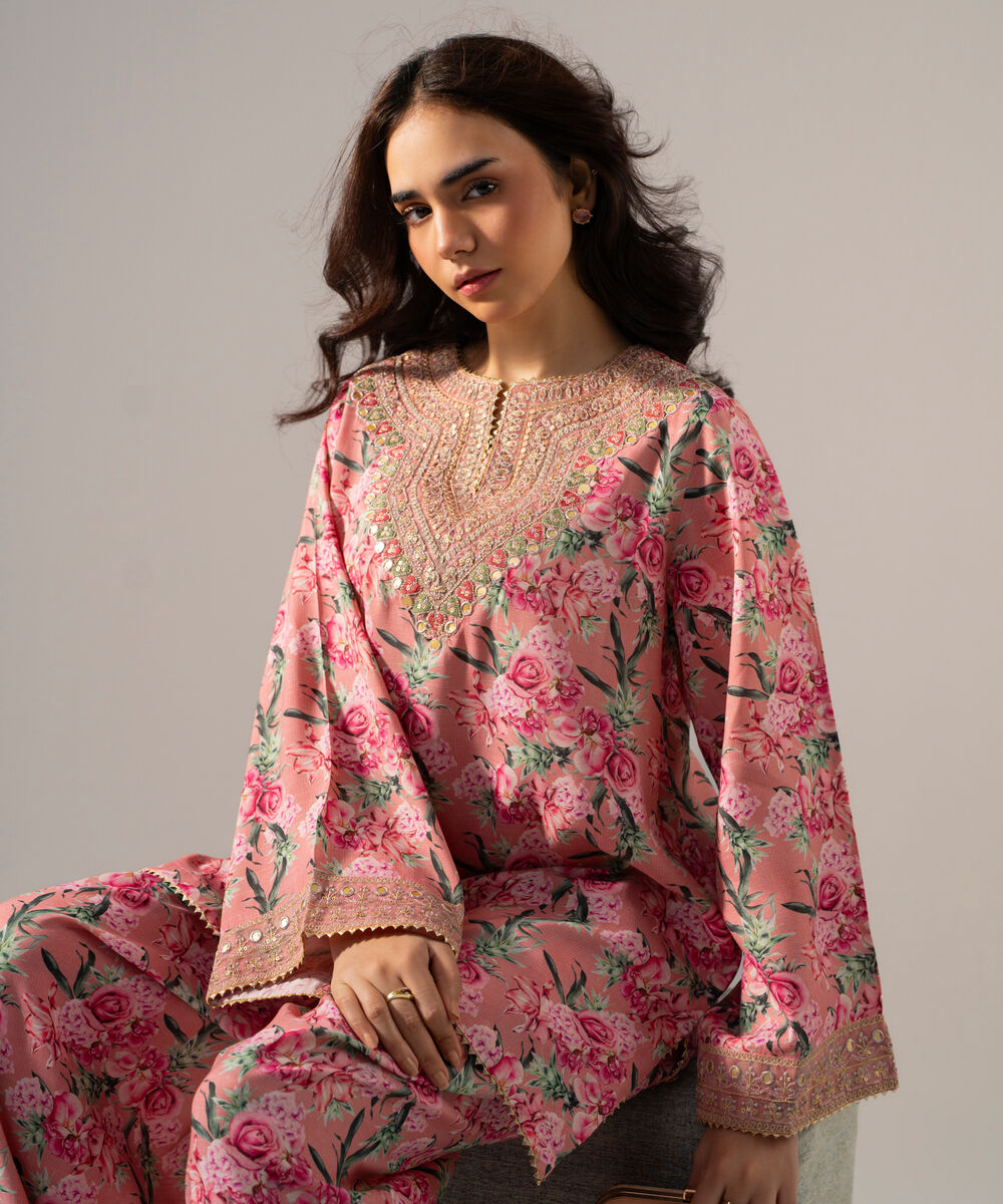 Women's RTW PK Raw Silk Printed Embroidered Pink 2 Piece Suit