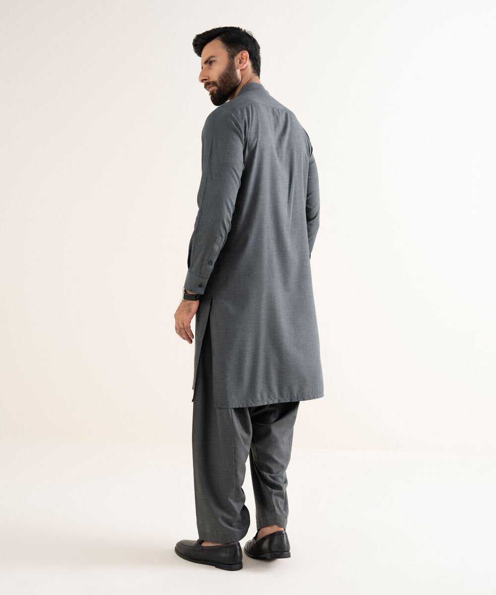 Men's Textured Wash & Wear Plain Charcoal Kurta Shalwar
