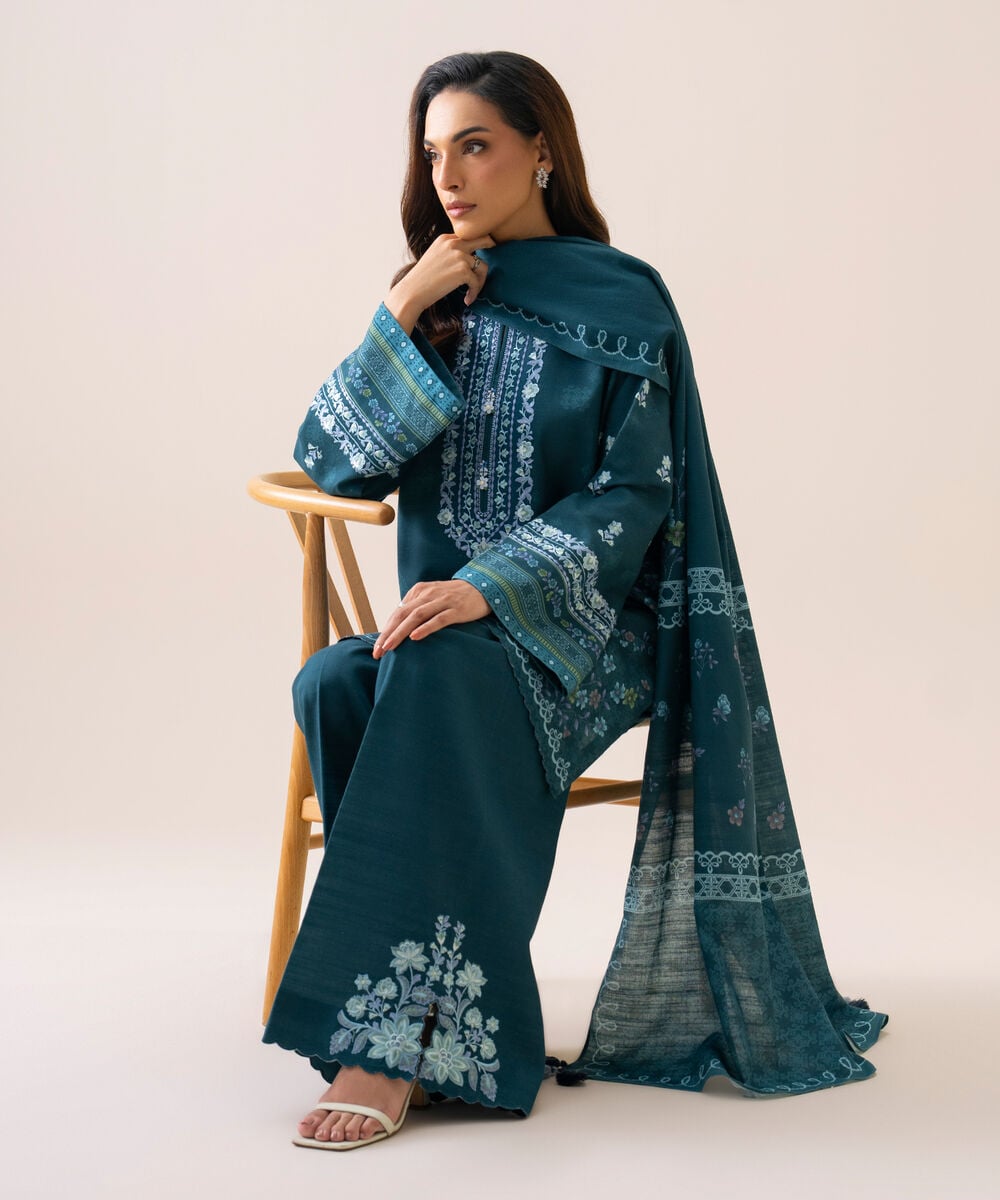 Women's Unstitched Light Khaddar Embroidered Teal Blue 3 Piece Suit