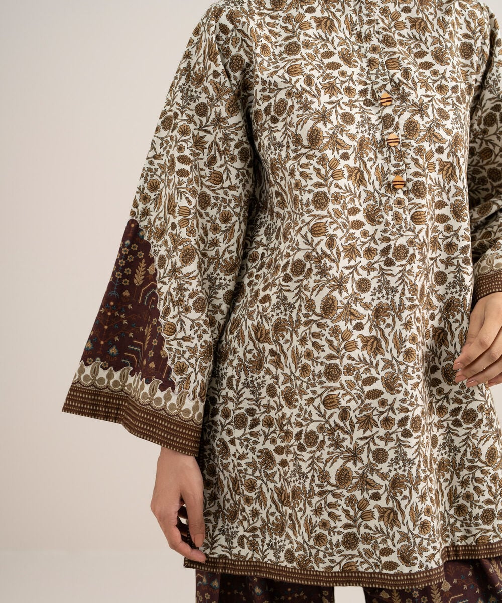 Women's Unstitched Cotton Printed Off White & Multi  2 Piece Suit
