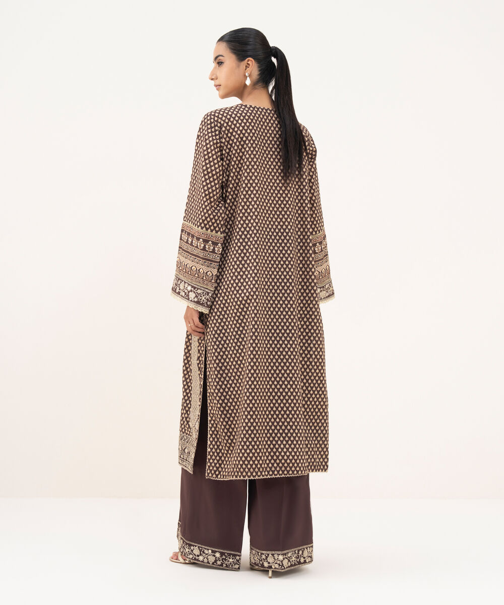 Women's RTW Textured Lawn Brown Embroidered A-Line Shirt