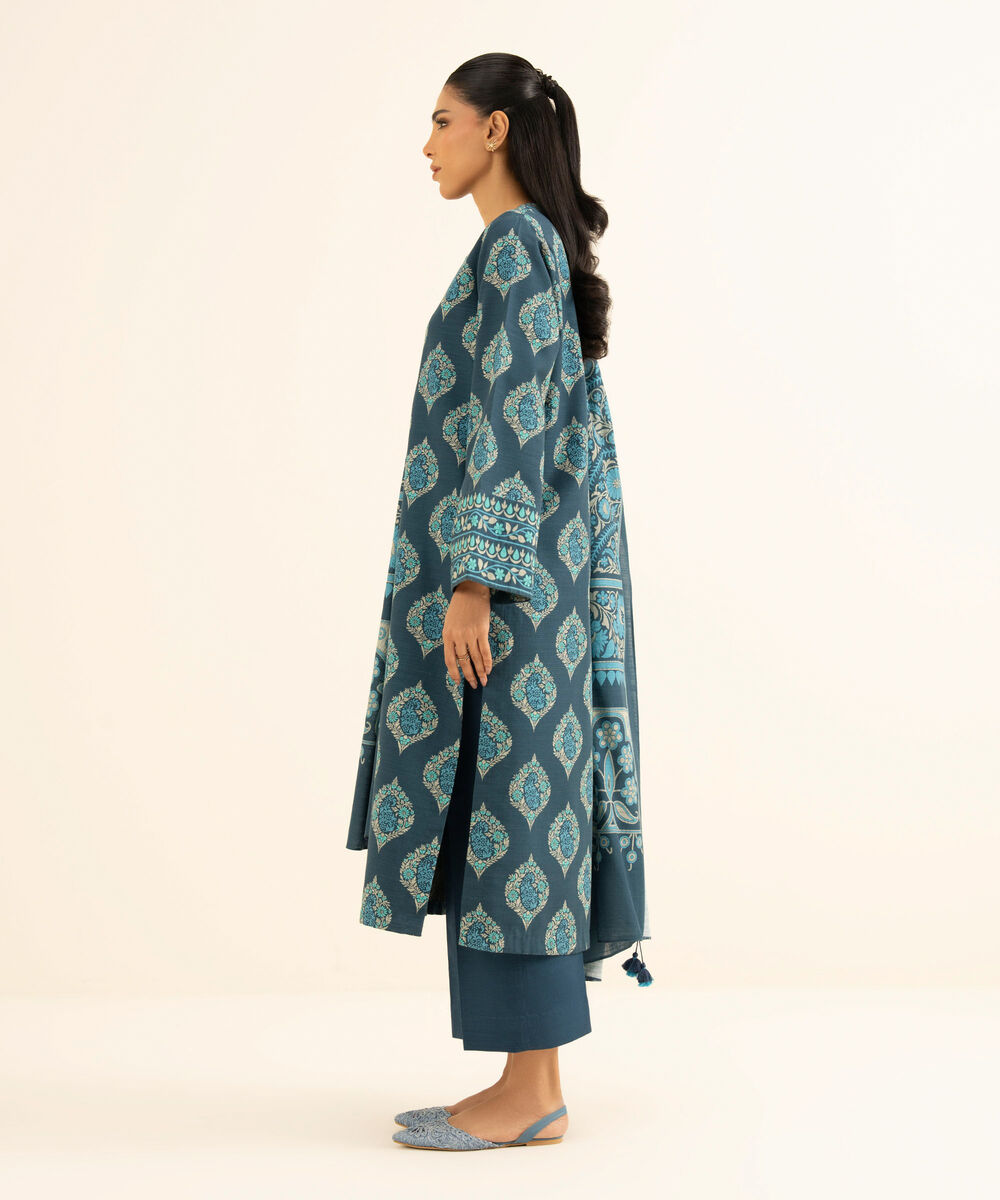 Women's Unstitched Cotton Printed Blue 3 Piece Suit