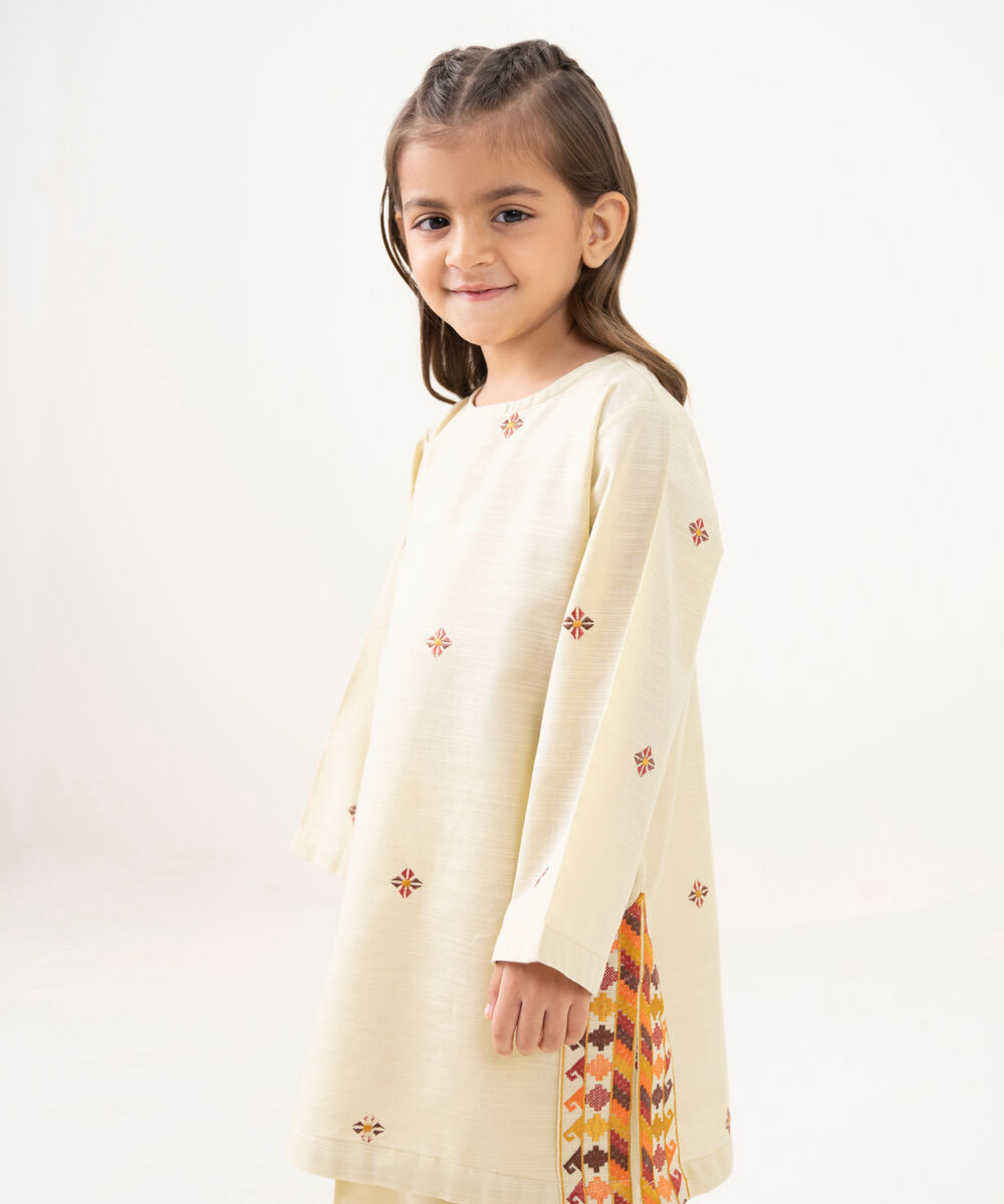 Girl's Light Khaddar Embroidered Beige 2 Piece Suit