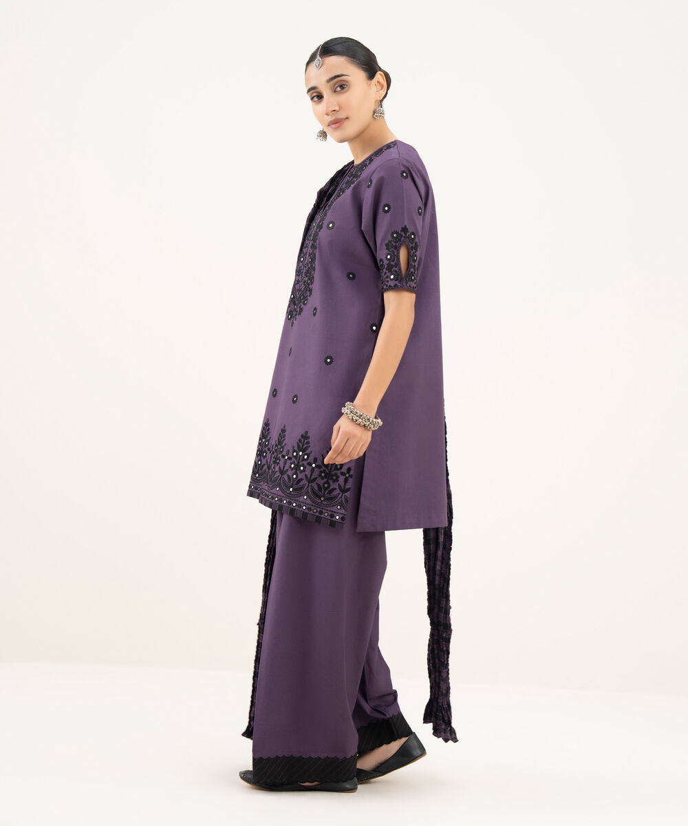 Women's Unstitched Cotton Embroidered Purple 3 Piece Suit