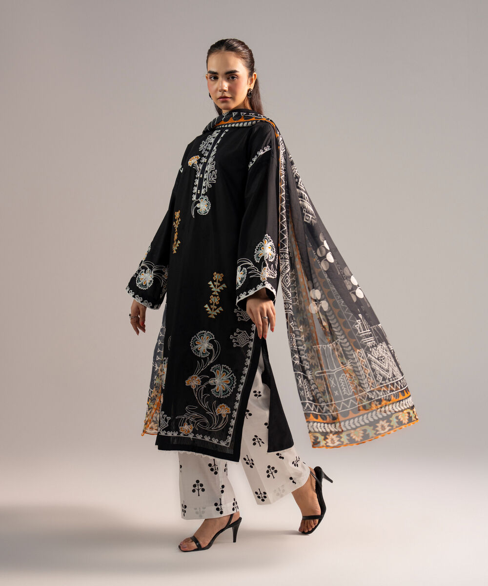 Women's RTW Dobby Embroidered Black 3 Piece Suit