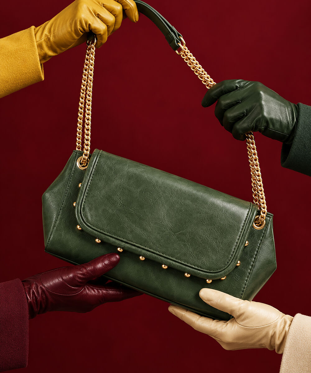 Women's Green Cross Body Bag With Metal Chain