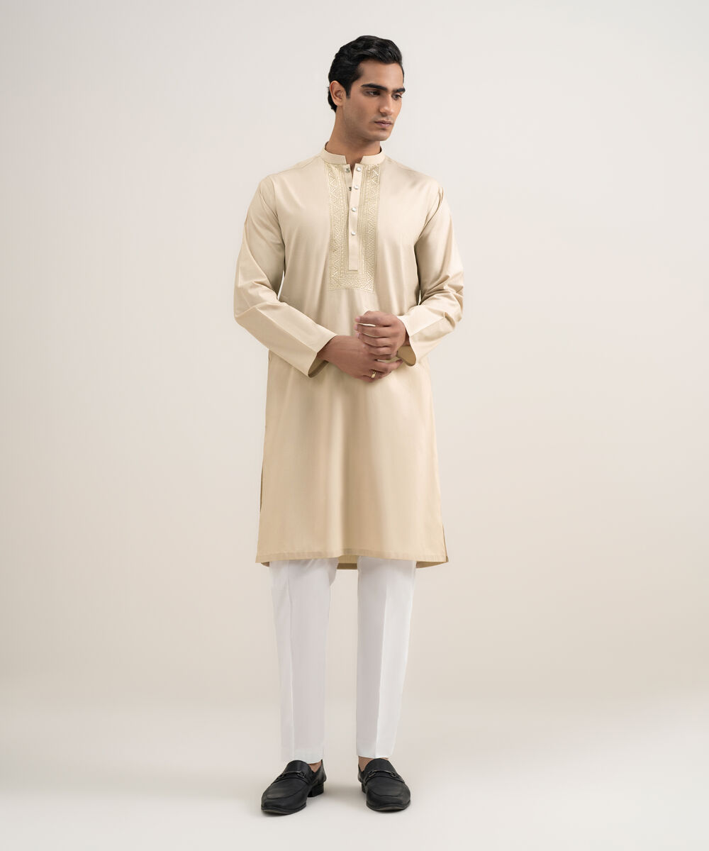 Men's Stitched Cotton Beige Kurta