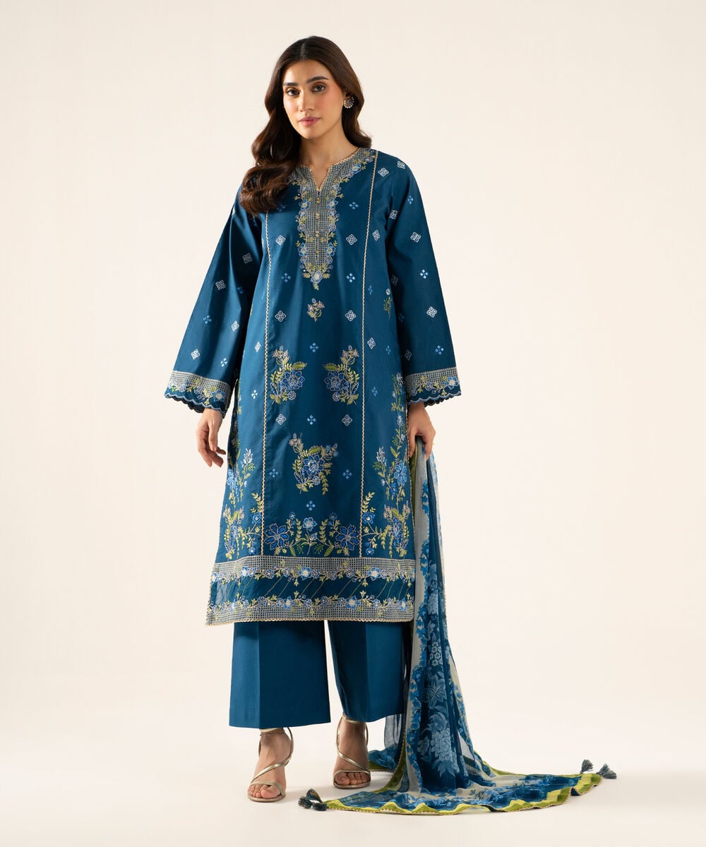 Women's Unstitched Bemberg Tissue Embroidered Blue 3 Piece Suit