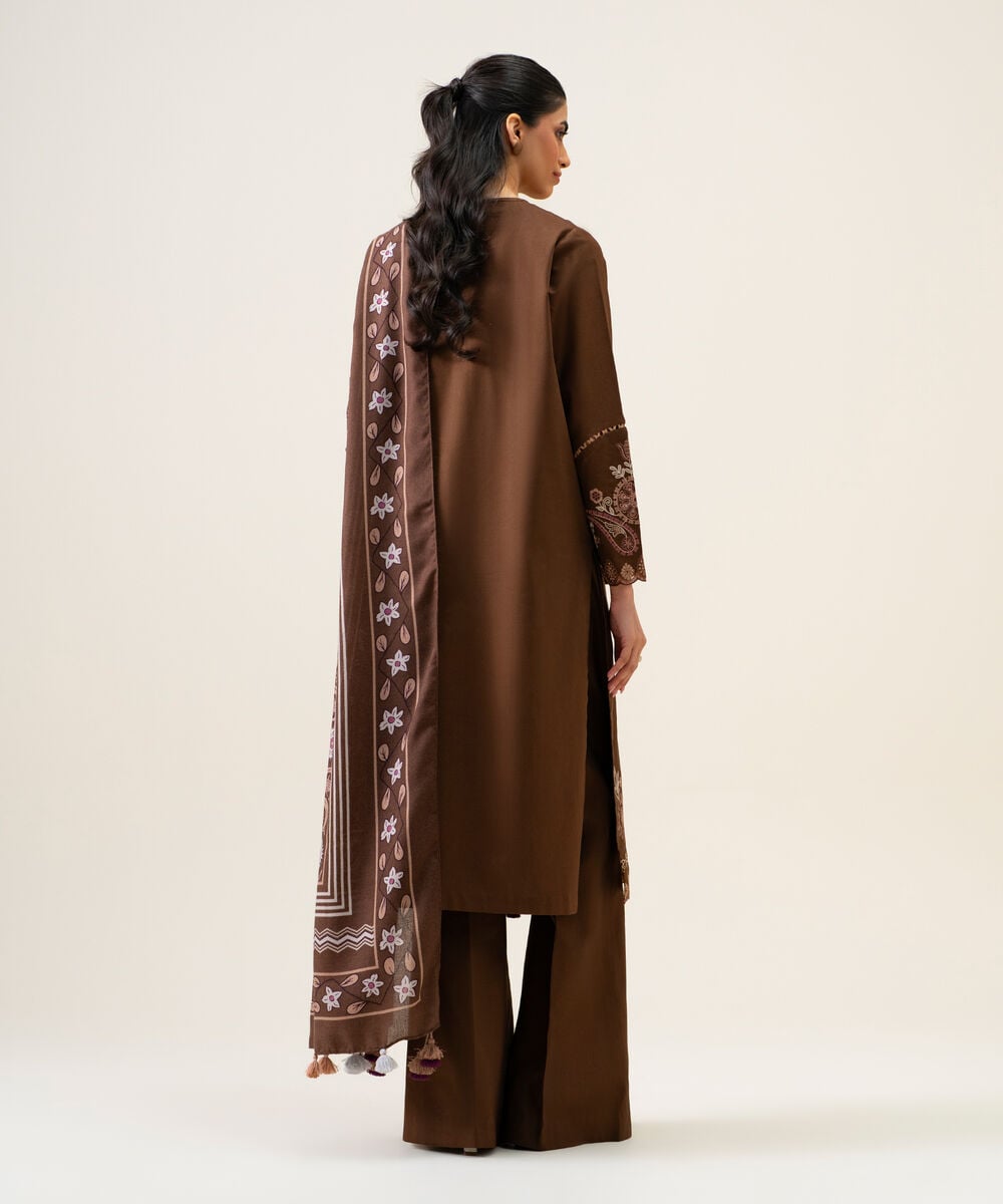 Women's Unstitched Cotton Twill Embroidered Brown 3 Piece Suit
