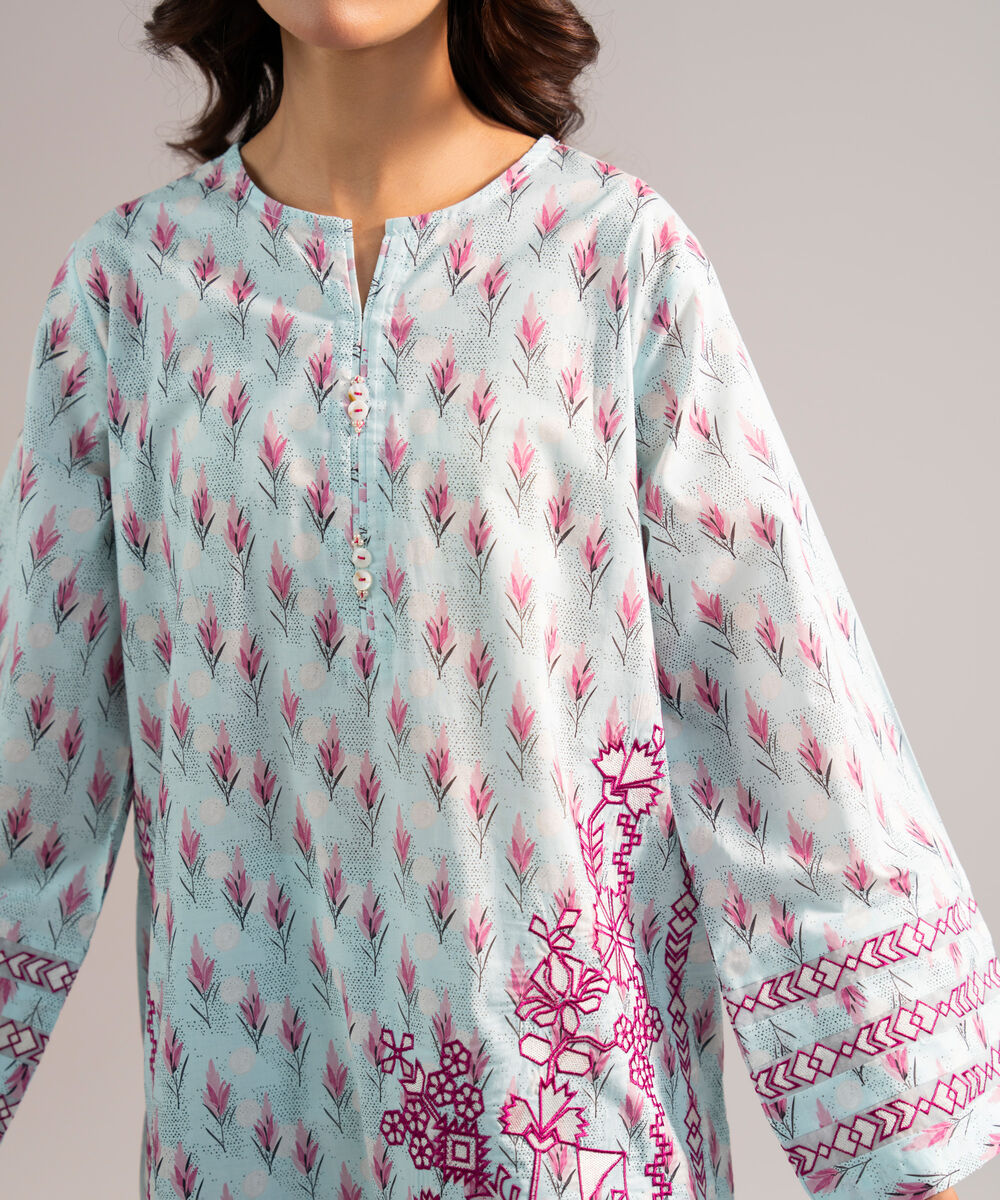 Women's RTW Lawn Embroidered Blue Straight Shirt