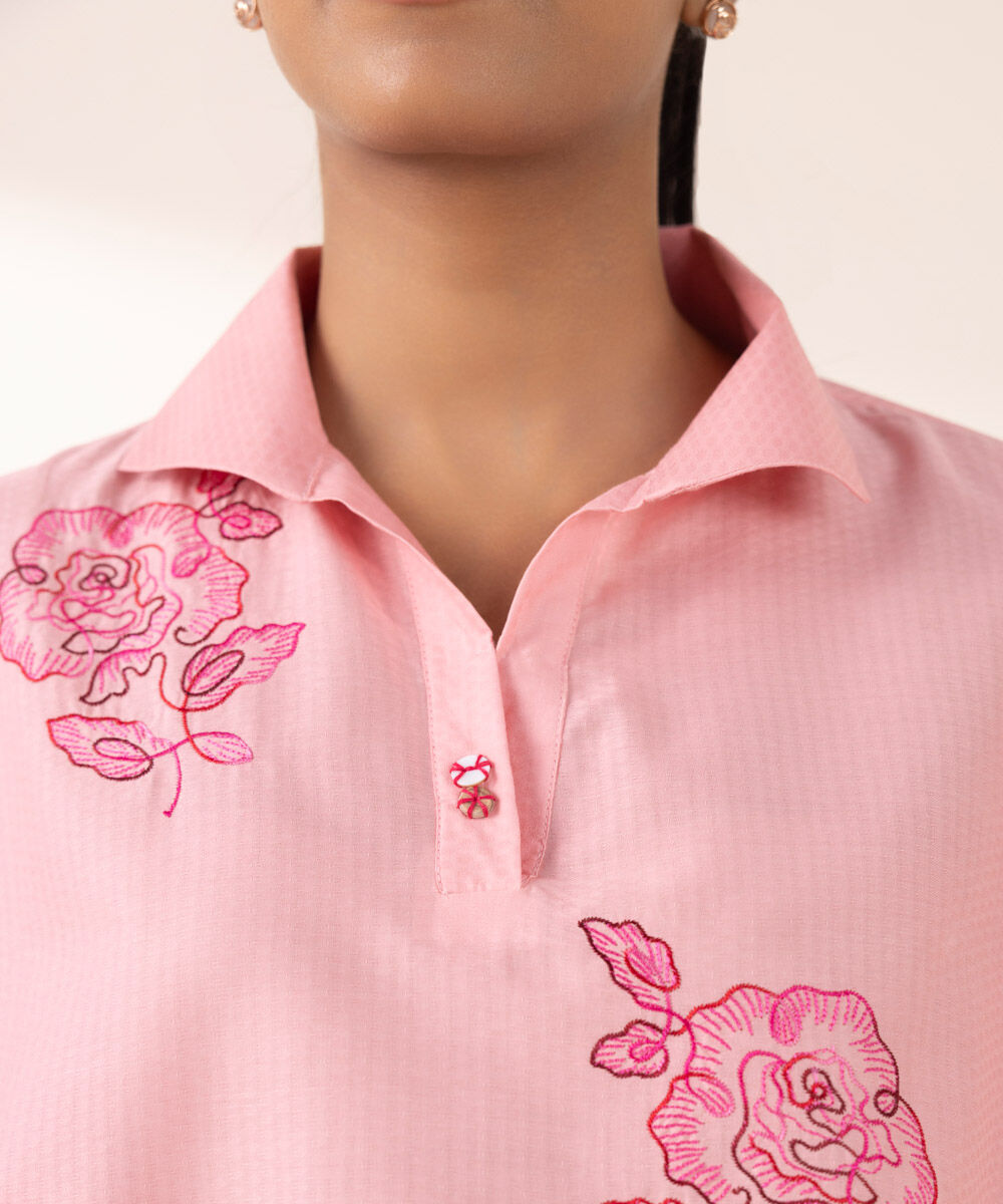 Women's RTW Dobby Pink Embroidered Drop Shoulder Shirt