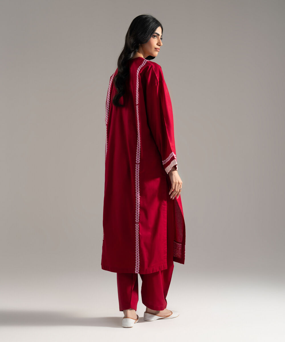 Women's RTW  Cambric Solid Embroidered Maroon Drop Shoulder